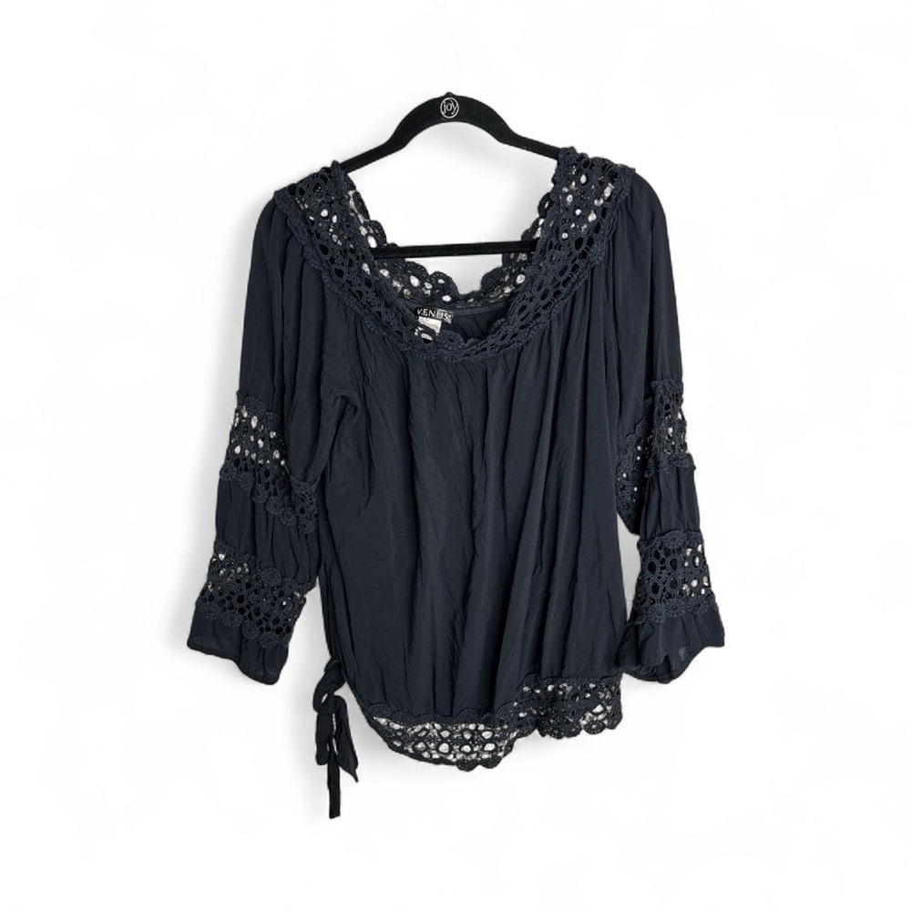 VENUS Women’s Black Boho Whimsigoth Rayon Top with Lace Details Size L